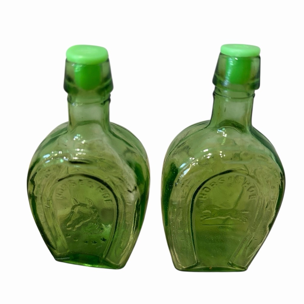 Vintage Green Glass Horseshoe Salt & Pepper Shakers Horse Head Bottle 2 Piece